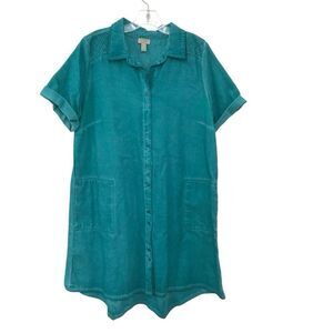 LOGO by Lori Goldstein Womens Button Front Tunic Dress Sz M Green Short Sleeve